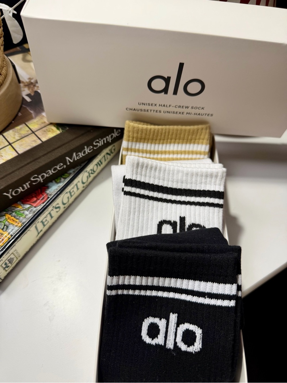 ALO Yoga Crew Socks - White, Mustard, Black (3-Pack) - Picture 2 of 6